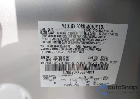 2011 Lincoln Mks z USA, uszkodzony, nr VIN 1LNHL9DRXBG614891